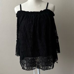 BCX Black Womens Floral Lace Cold Shoulder Top Size S